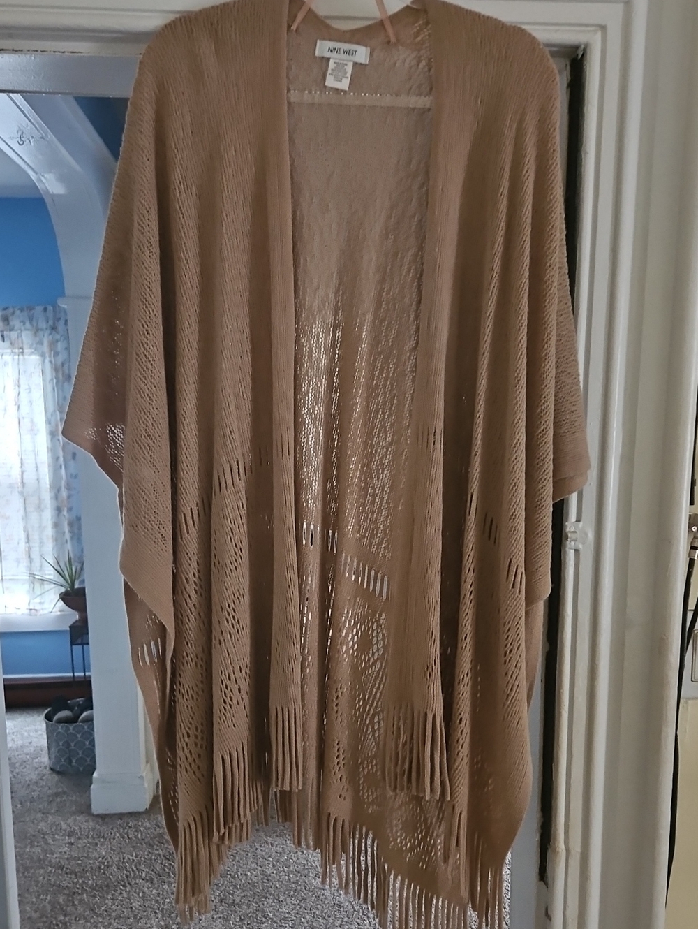 Nine West Tan Open-Weave Fringe Poncho
